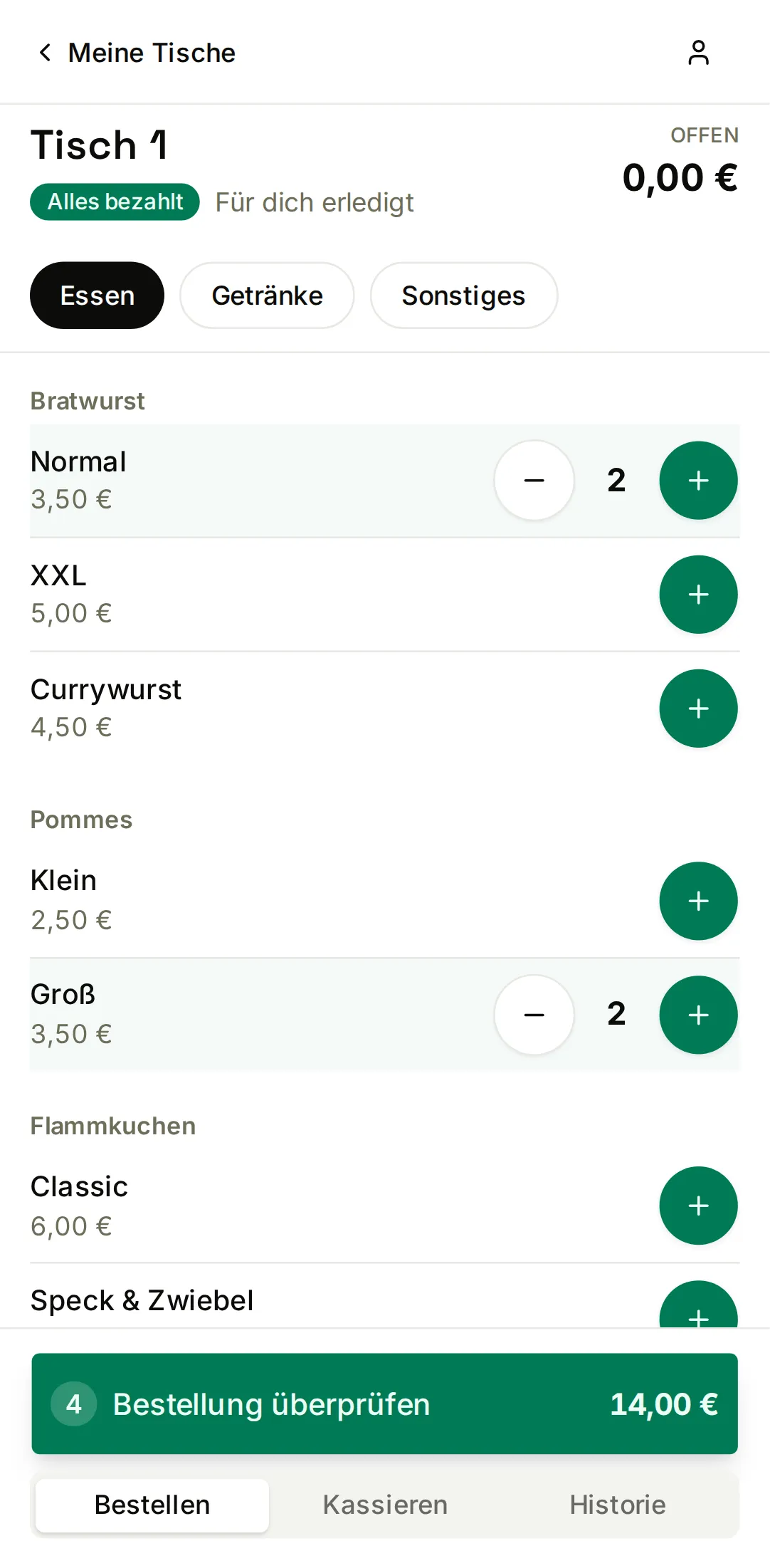 jotti-Bestellansicht auf dem Smartphone: die Produktkategorie „Essen“ mit Mengen-Steppern und die grüne Leiste „Bestellung überprüfen“ über 14,00 €.