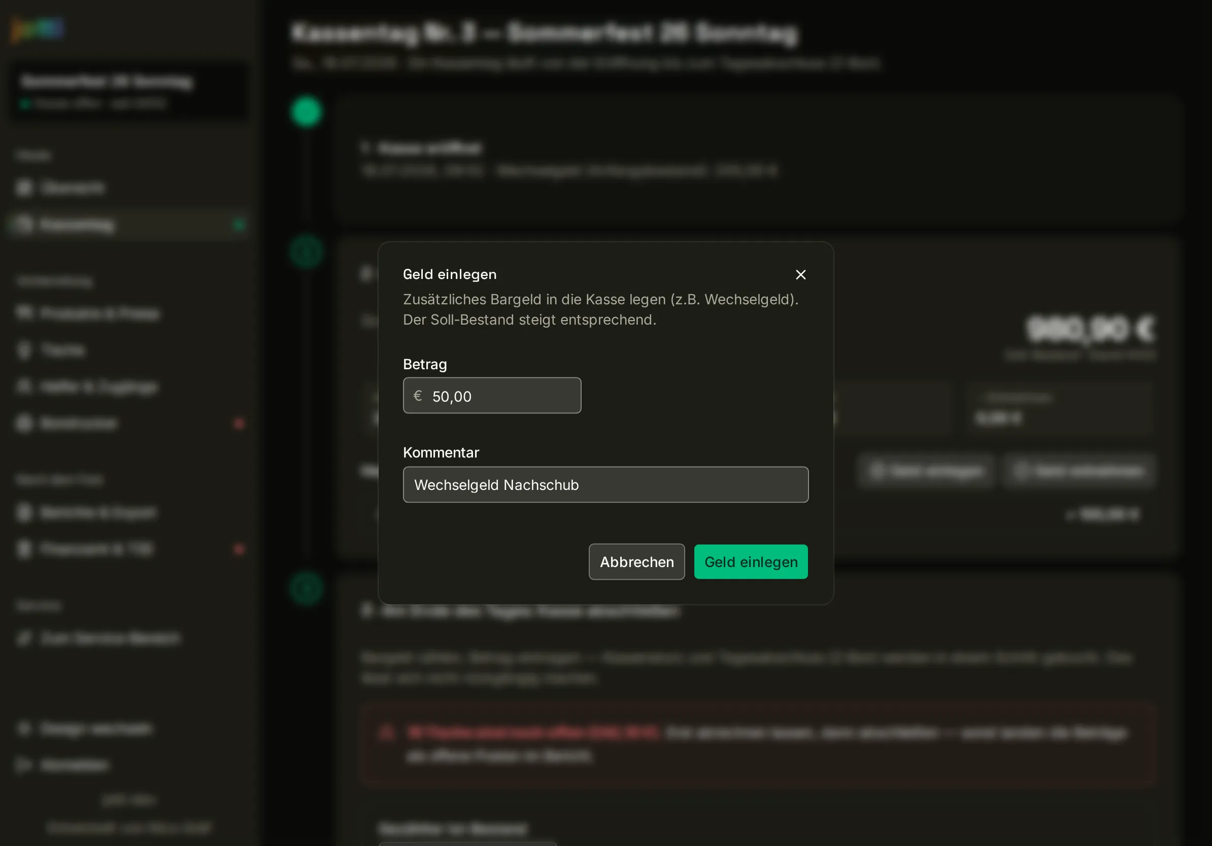 jotti-Kassenführung am Tablet: der Dialog „Geld einlegen“ mit Betrag- und Kommentarfeld.