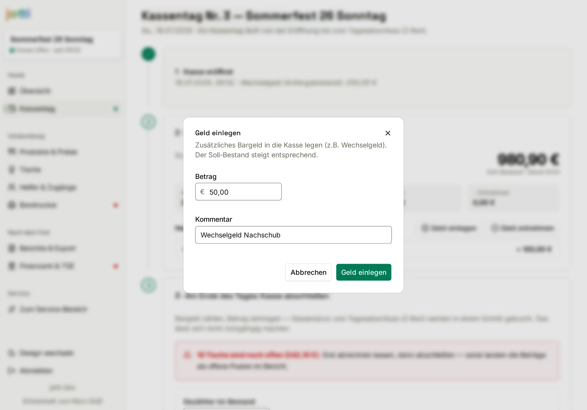 jotti-Kassenführung am Tablet: der Dialog „Geld einlegen“ mit Betrag- und Kommentarfeld.