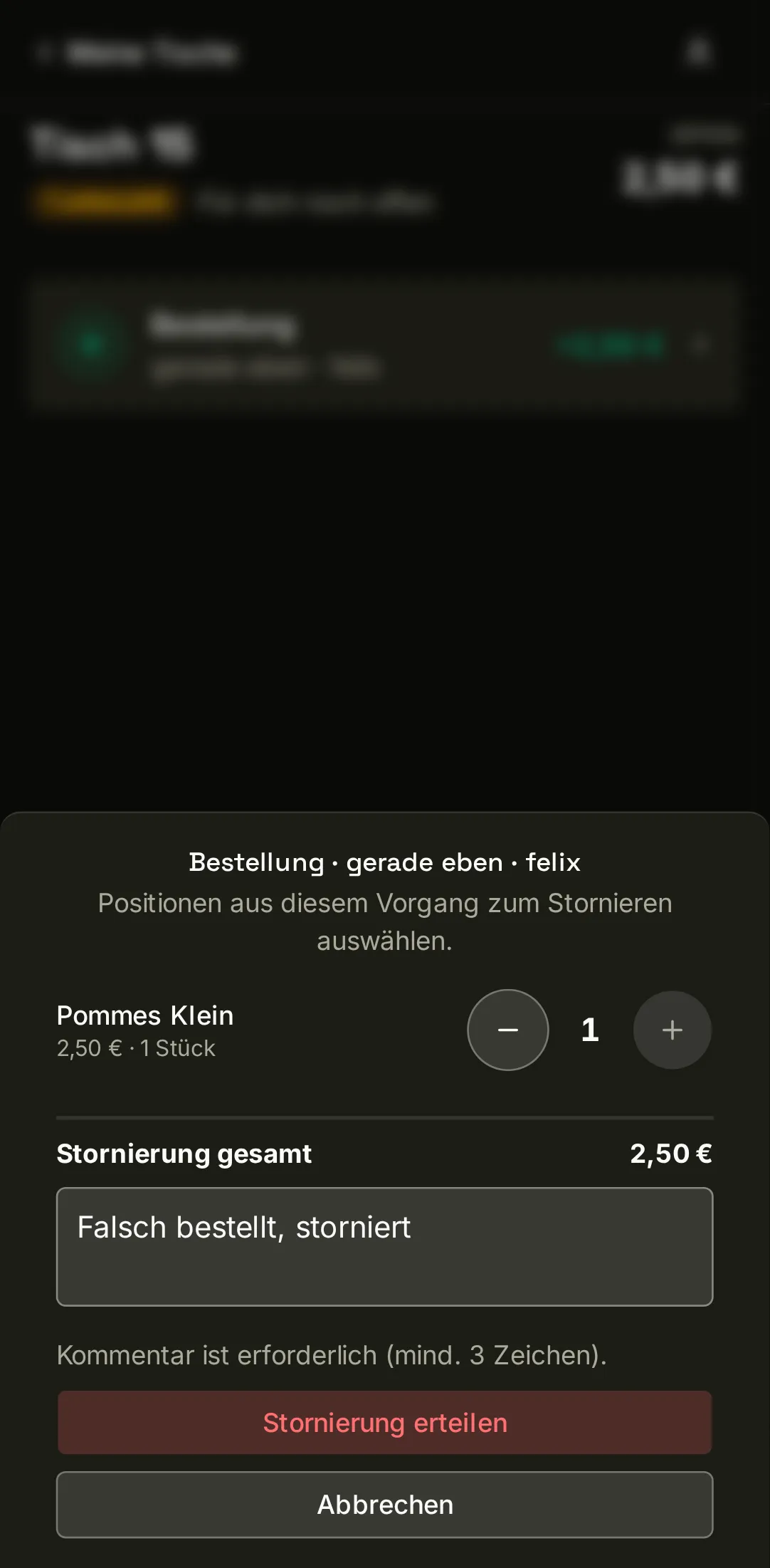 jotti-Stornierung auf dem Handy: der Storno-Dialog der Serviceleitung mit ausgewählter Position und Pflichtkommentar.
