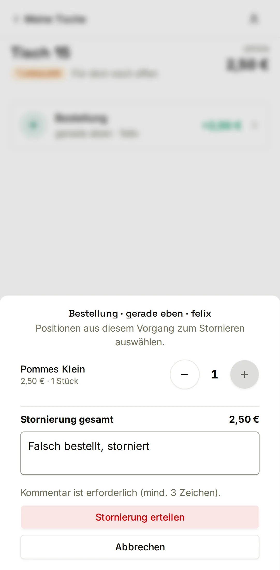 jotti-Stornierung auf dem Handy: der Storno-Dialog der Serviceleitung mit ausgewählter Position und Pflichtkommentar.