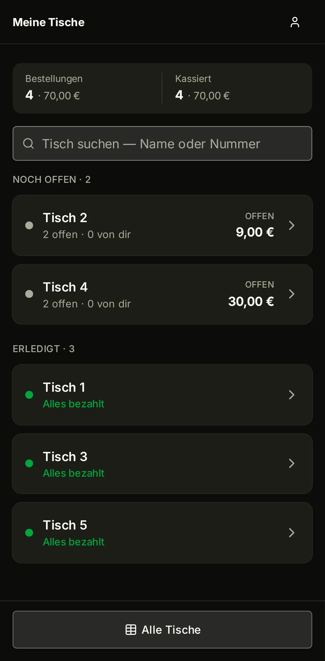 jotti-Tischservice auf dem Handy: die Ansicht „Meine Tische“ mit offenen und erledigten Tischen, Saldo und Status-Punkt.