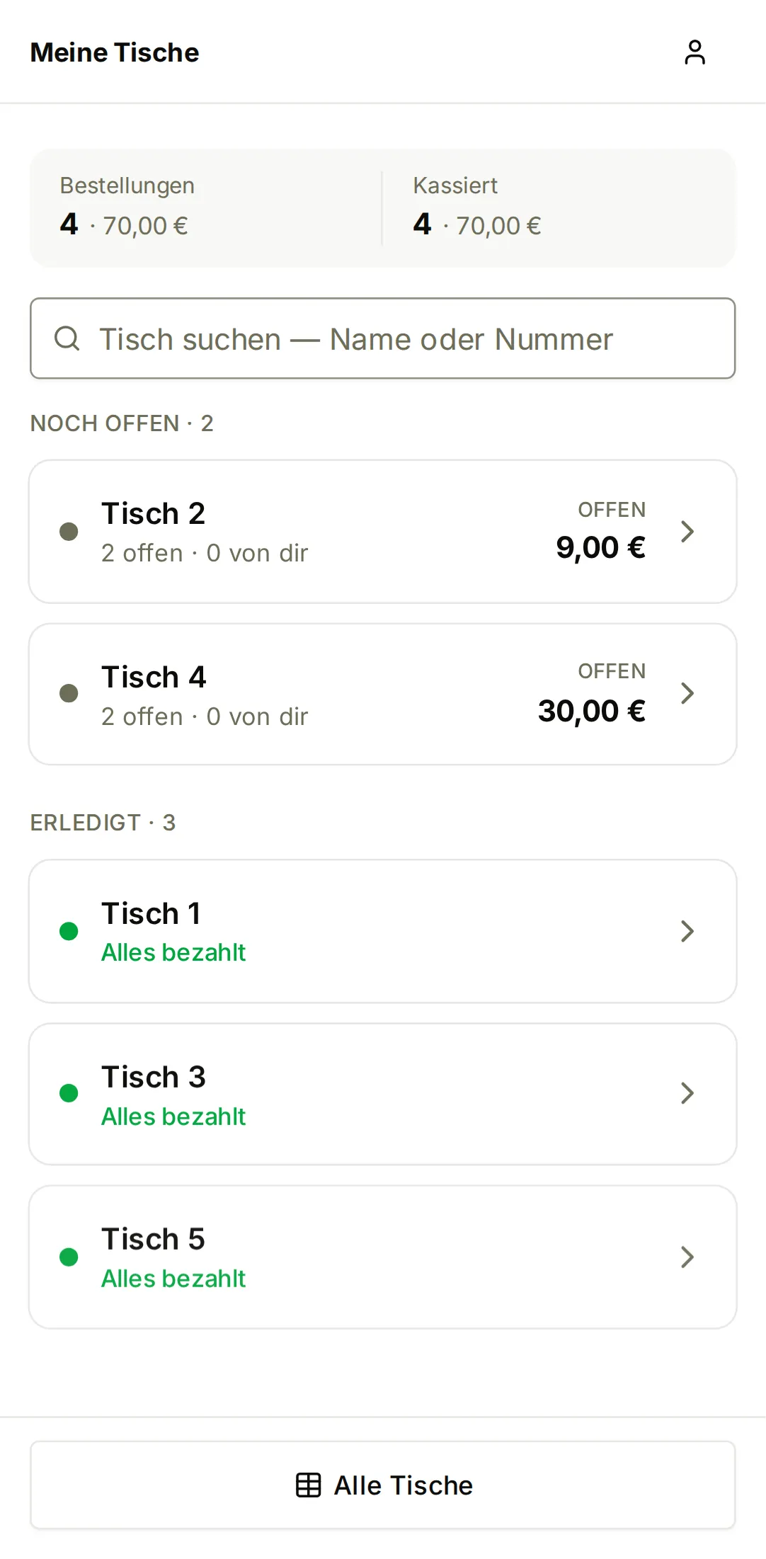 jotti-Tischservice auf dem Handy: die Ansicht „Meine Tische“ mit offenen und erledigten Tischen, Saldo und Status-Punkt.