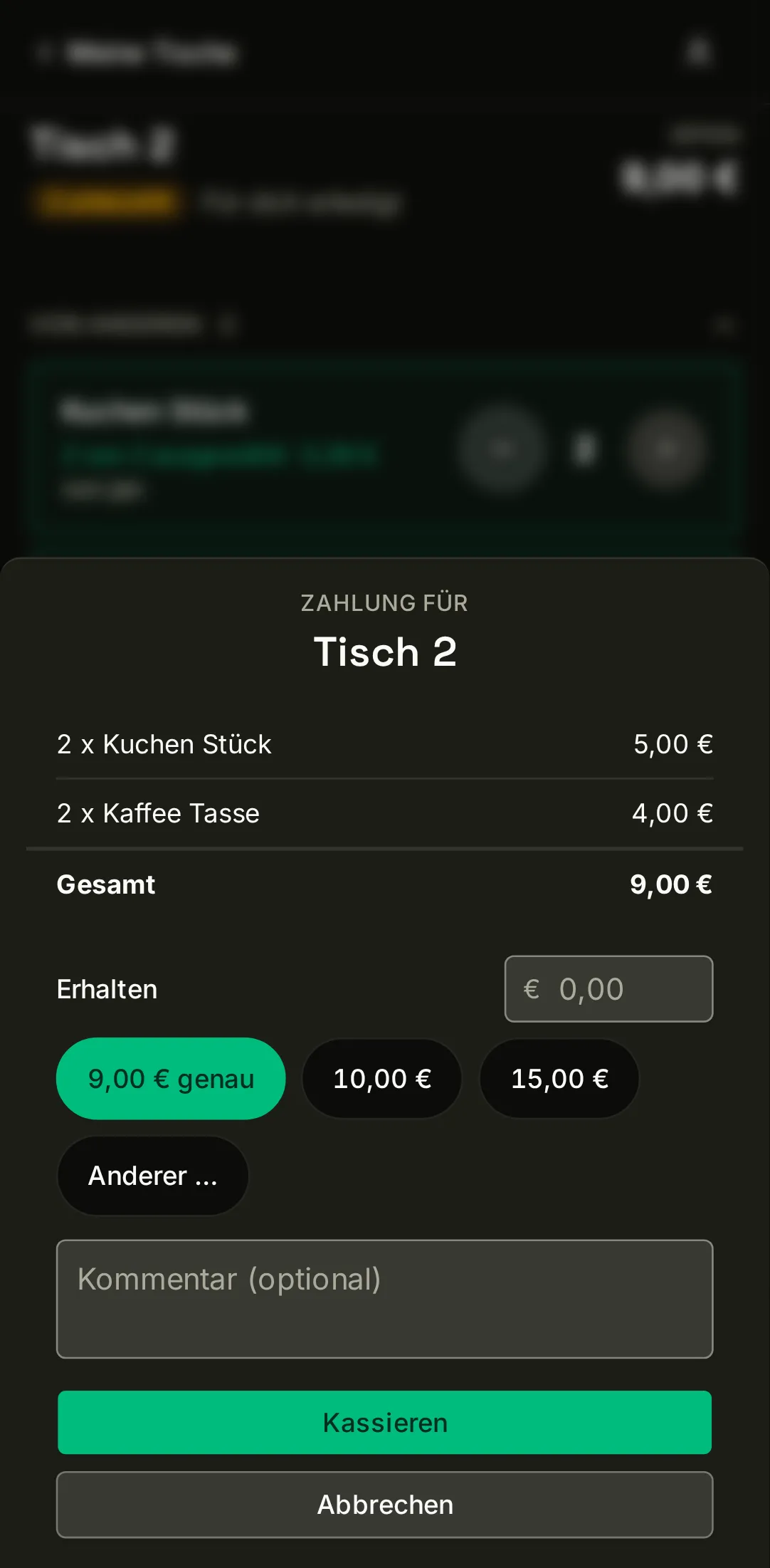 jotti-Kassieren auf dem Handy: der Zahlungs-Dialog eines Tisches mit Positionen, Gesamtbetrag und Trinkgeld-Feld.