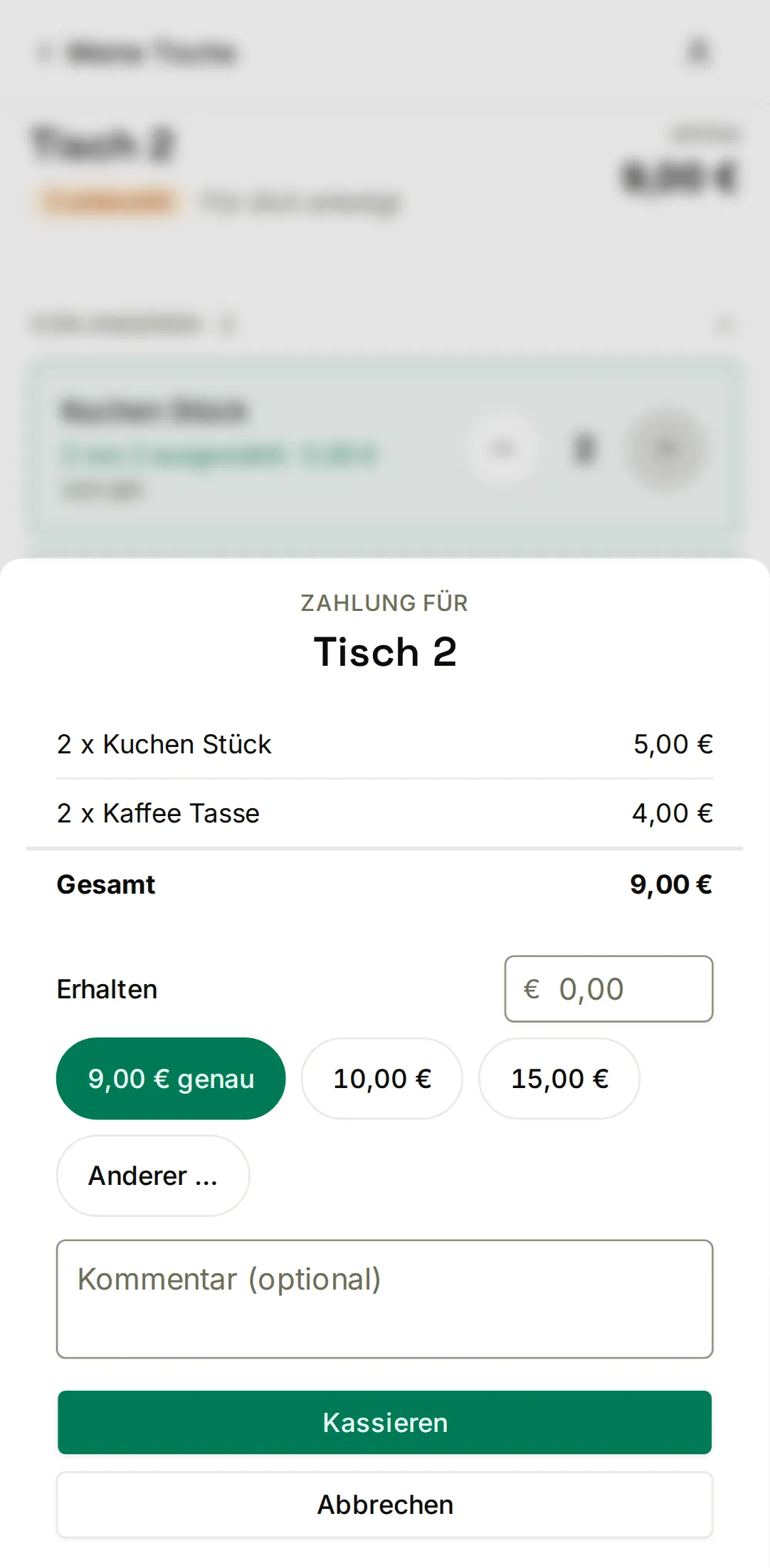 jotti-Kassieren auf dem Handy: der Zahlungs-Dialog eines Tisches mit Positionen, Gesamtbetrag und Trinkgeld-Feld.